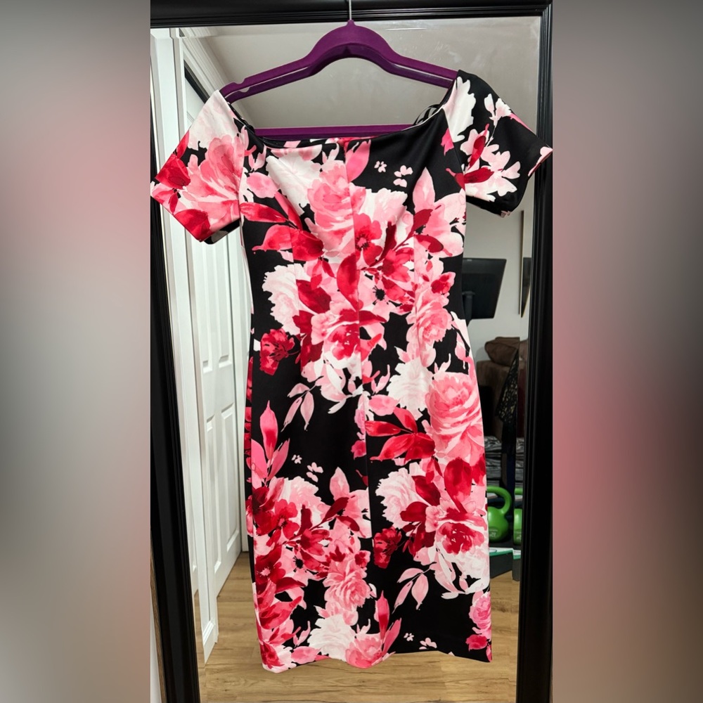 Calvin Klein off the shoulder scuba dress with red flowers